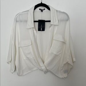 In The Right Zone Linen Top Ivory Cropped size 2X